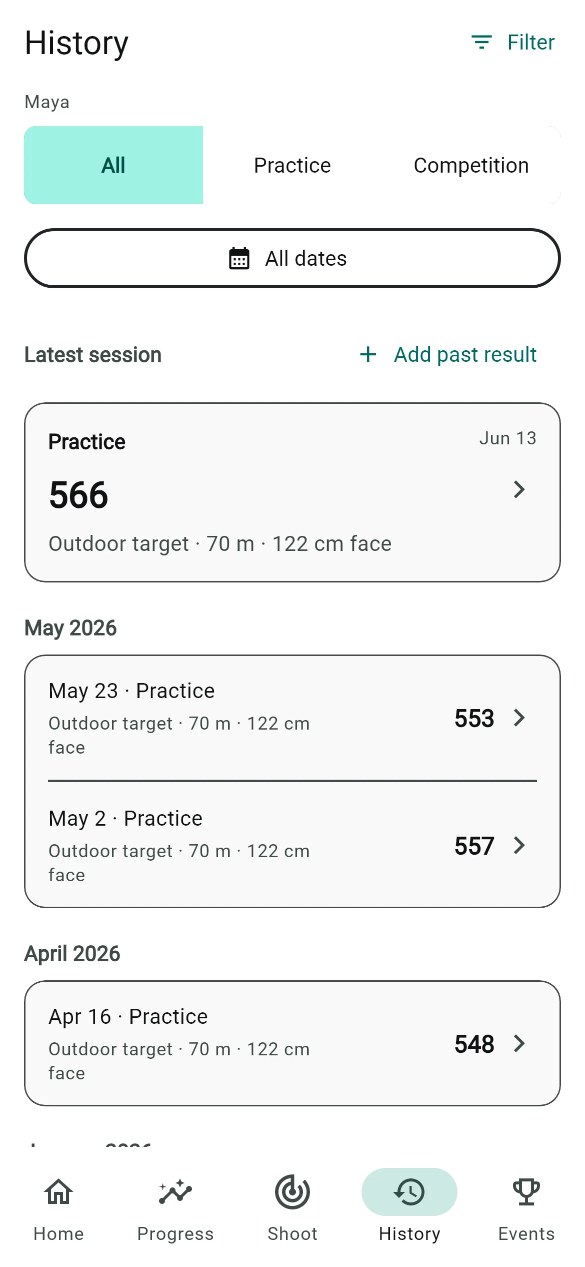 NockPath History showing Maya's outdoor practice scores with distance and target-face context
